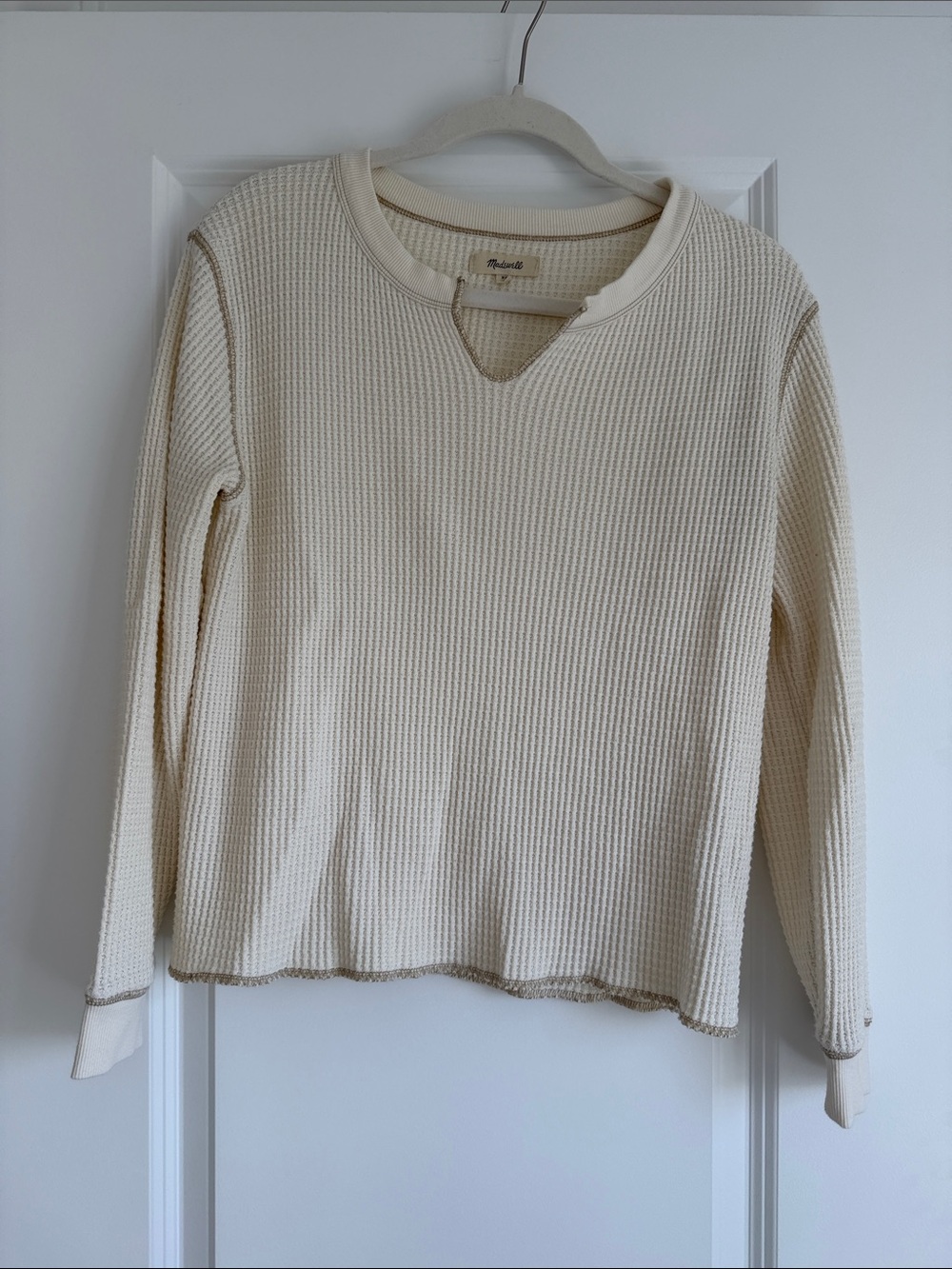Madewell Cream Waffle Knit V-Notch Long Sleeve Top